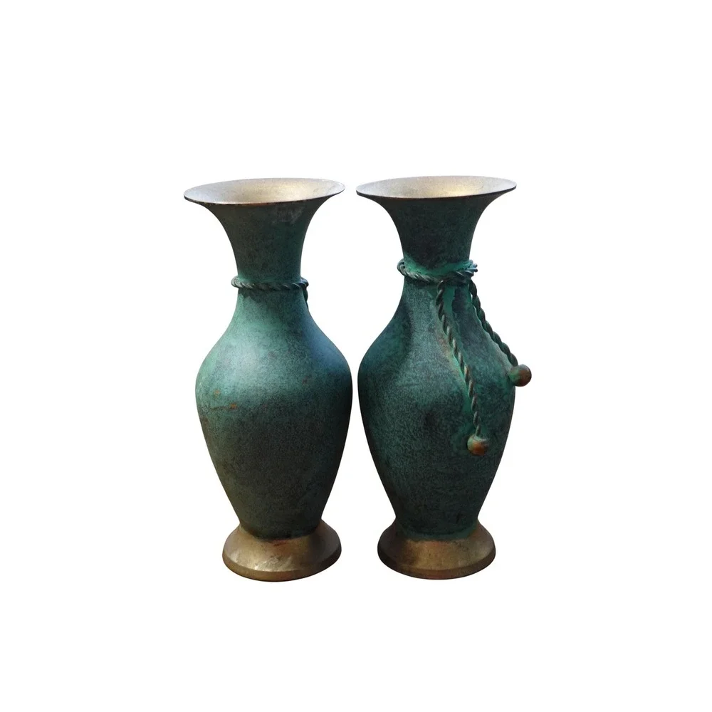 Vintage brass metal tulip shape set of 2 vases 6 inches metal rope decor